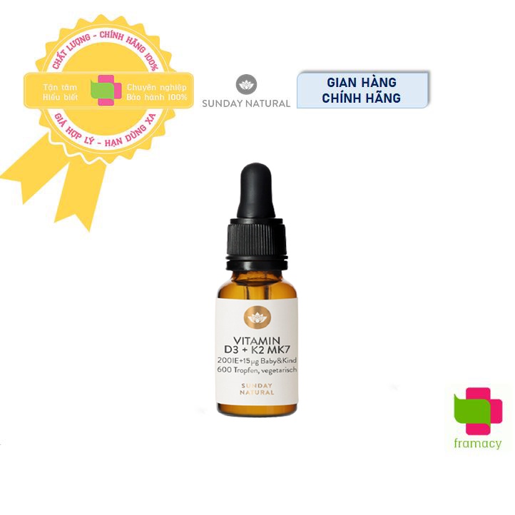 Vitamin  D3 K2 MK7 Sunday Natural, Đức tăng hấp thu canxi vào xương, răng cho trẻ từ sơ sinh đến 4 tuổi