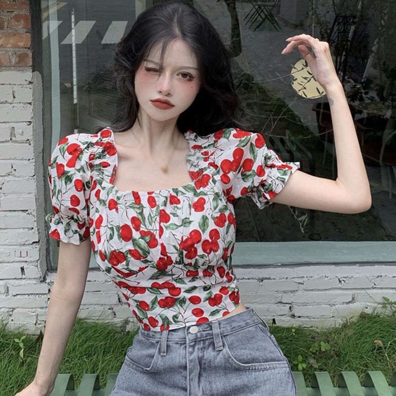 Áo sơ mi kiểu ngắn tay phồng cổ vuông hở lưng họa tiết quả cherry thời trang mùa hè cho nữ