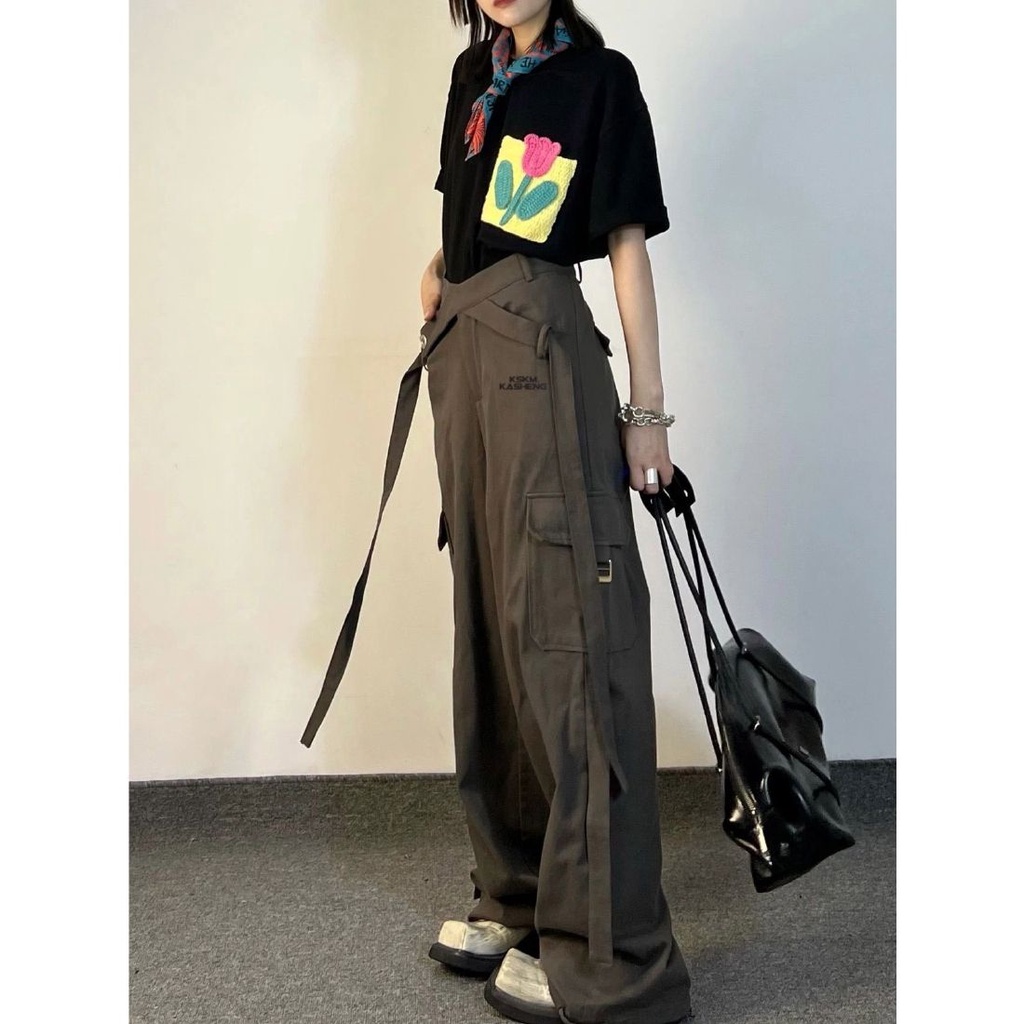 Quần Yếm Zhuangji Mỏng Dáng Rộng Cột Dây Kiểu Retro Mỹ Thời Trang Mùa Hè Cho Nam Và Nữ