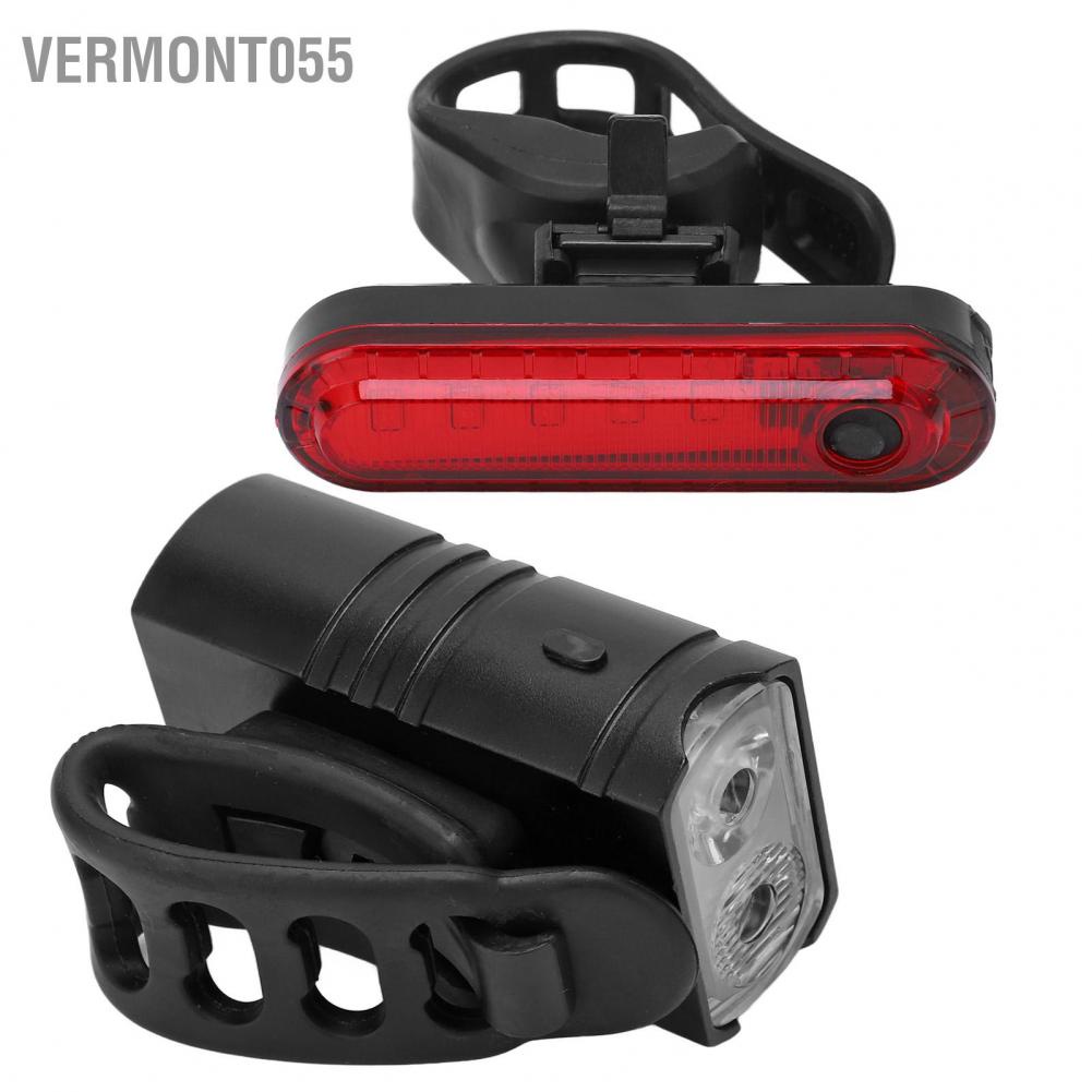 Hàng Hot Bộ đèn xe đạp có thể sạc lại USB Bộ đèn pha phía trước siêu sáng và đèn hậu phía sau Sạc bằng vỏ nhôm Hàng giao ngayVermont055