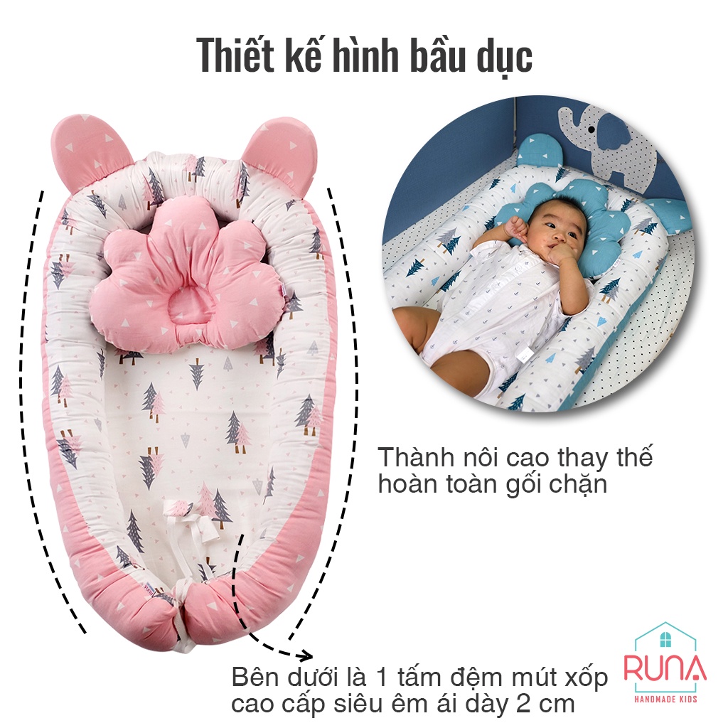 Nôi ngủ chung giường cho bé RUNA KIDS chất liệu Cotton Hàn cao cấp mềm mịn thoáng mát an toàn cho da bé