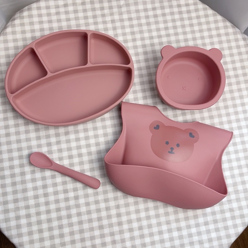 Set ăn dặm 4 món khay oval, bát gấu có đế hít chống đổ cho bé ăn blw, adkn