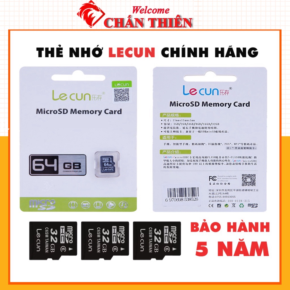 Thẻ nhớ 64GB 32GB 16GB 8GB Lecun Micro SD chính hãng nhập khẩu BẢO HÀNH 5 NĂM