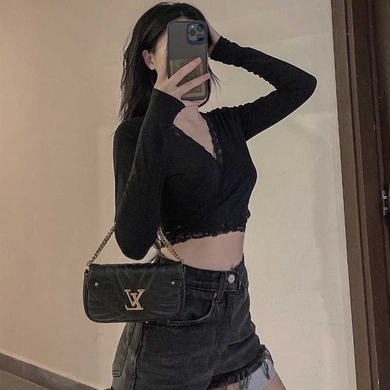 Áo croptop tay dài cột eo viền ren siêu xinh xắn [ ẢNH THẬT ]