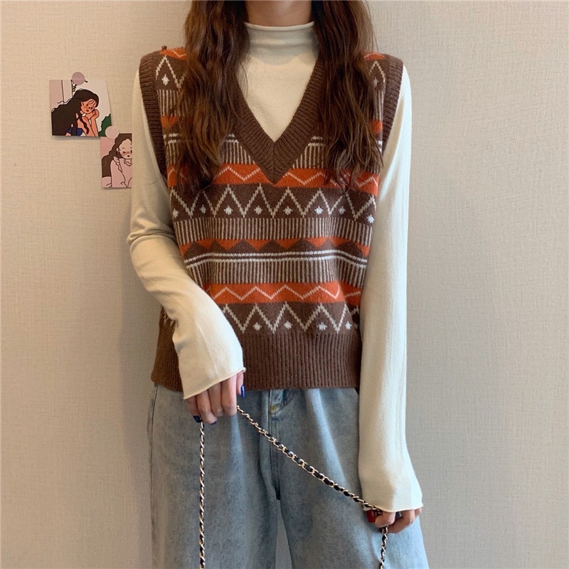 Áo gile len thổ cẩm cổ V dáng rộng phong cách vintage GL04 | BigBuy360 - bigbuy360.vn