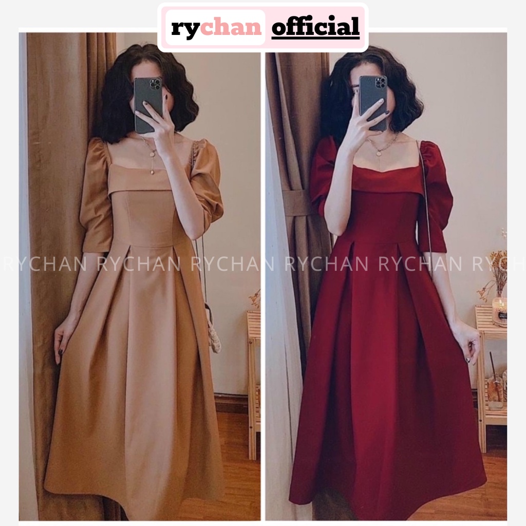Đầm Dự Tiệc Cổ Vuông Tà Ngang Trước Ngực Thun Vai Xếp Li Eo Màu Đỏ Kem [ẢNH THẬT CUỐI] - DX9728
