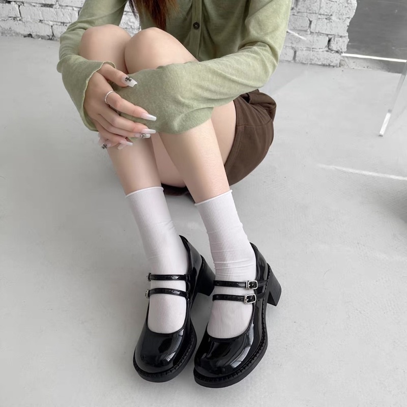 Giày lolita đế cao 5p quai ngang, giày cao gót màu đen 2 quai ngang