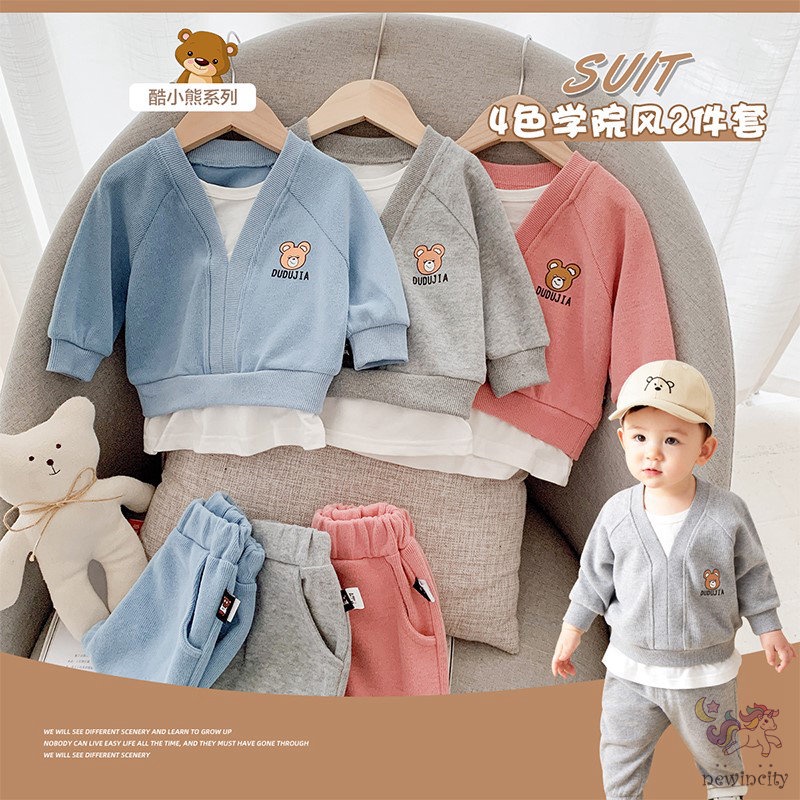 Set 2 món áo dài tay in họa tiết hoạt hình + quần dài kiểu Hàn Quốc xinh xắn cho bé