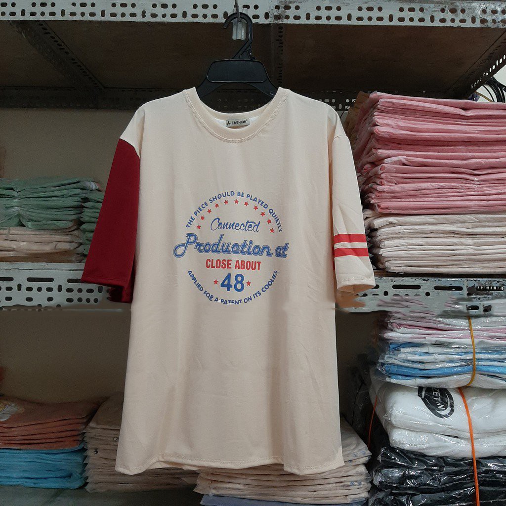 Áo thun 𝑭𝒓𝒆𝒆𝒔𝒉𝒊𝒑 Áo phông form rộng dáng Unisex L30, mặc cặp, nhóm, lớp in chữ PRODUCTION 48 MÀU NUDE SỮA.