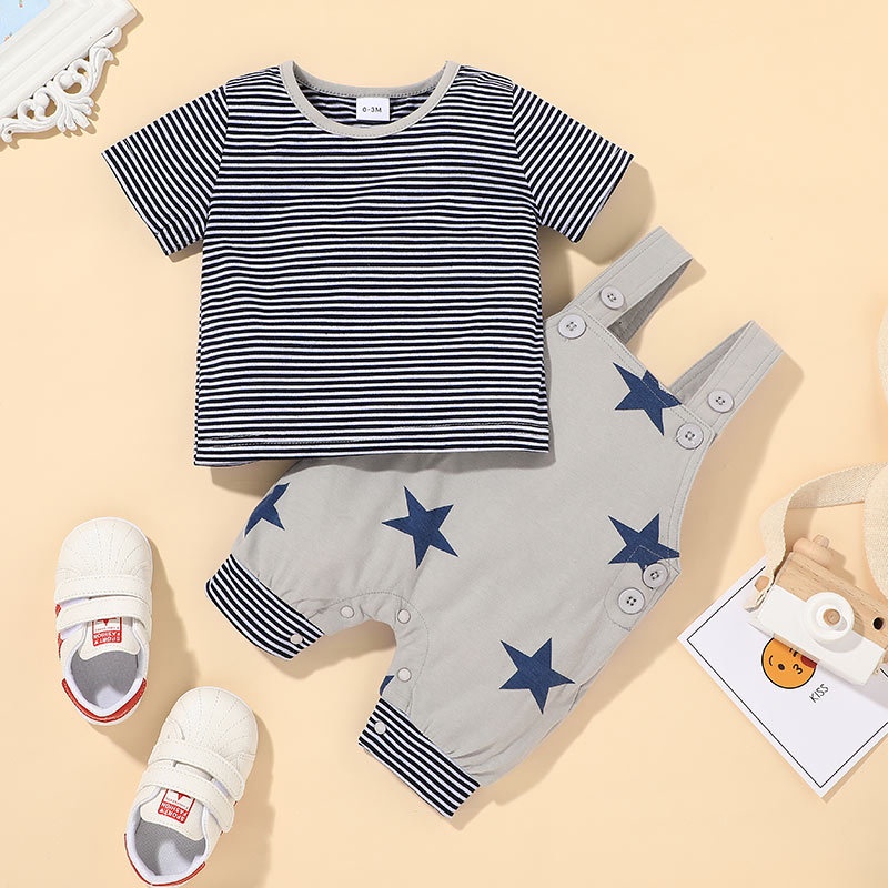 Combo bộ đồ bé trai 3 đến 36 tháng Cotton Cộc In Họa Tiết Ngôi Sao tay ngắn áo phông quần yếm set mùa hè thời trang cho bé trẻ em sơ sinh