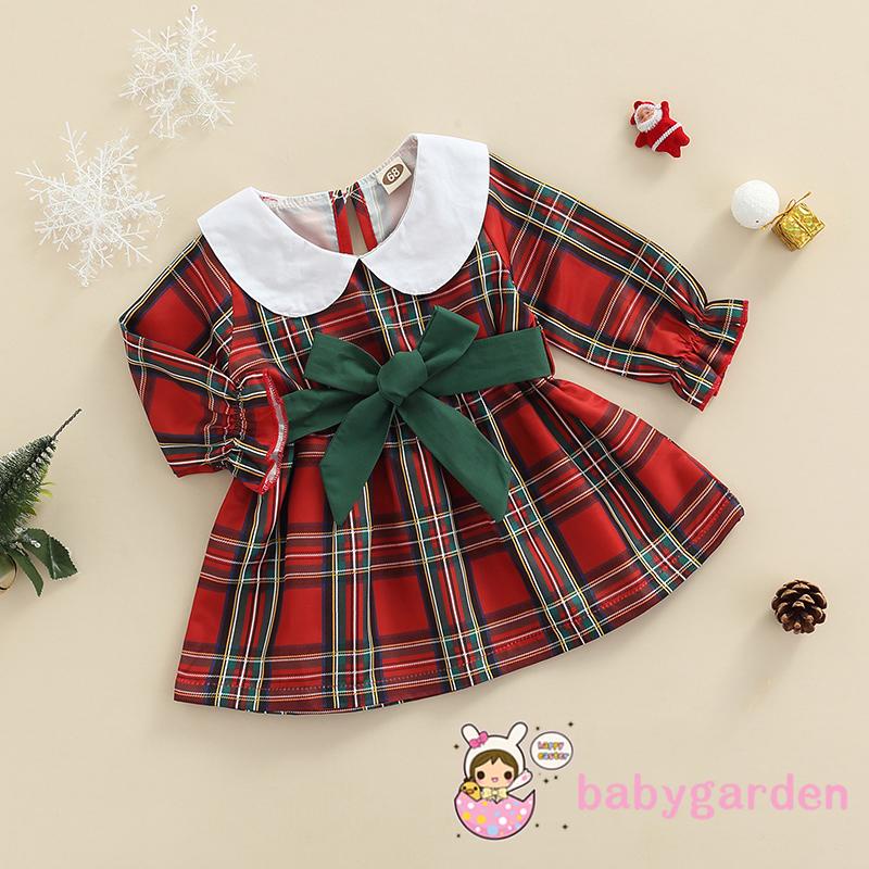 Đầm Sơ Mi Tay Dài Cổ Bẻ Phối Bèo Họa Tiết Kẻ Sọc Caro Phong Cách Giáng Sinh Thời Trang Thu Đông Cho Bé Gái