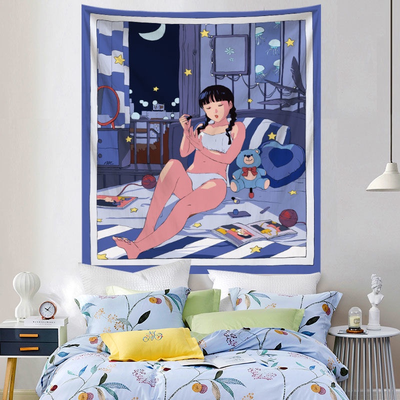 Tấm Vải Treo Tường Trang Trí Phông Nền Phòng Ngủ Hình Cô Gái Hoạt Hình