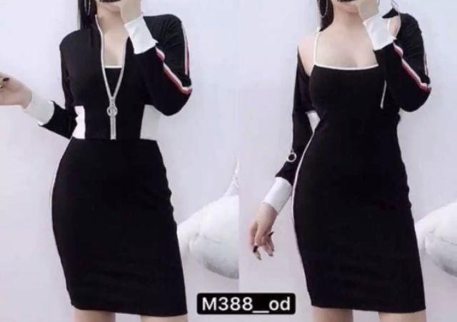 SÉT Đầm body và áo khoác sang chảnh(Vải borip dày đẹp)