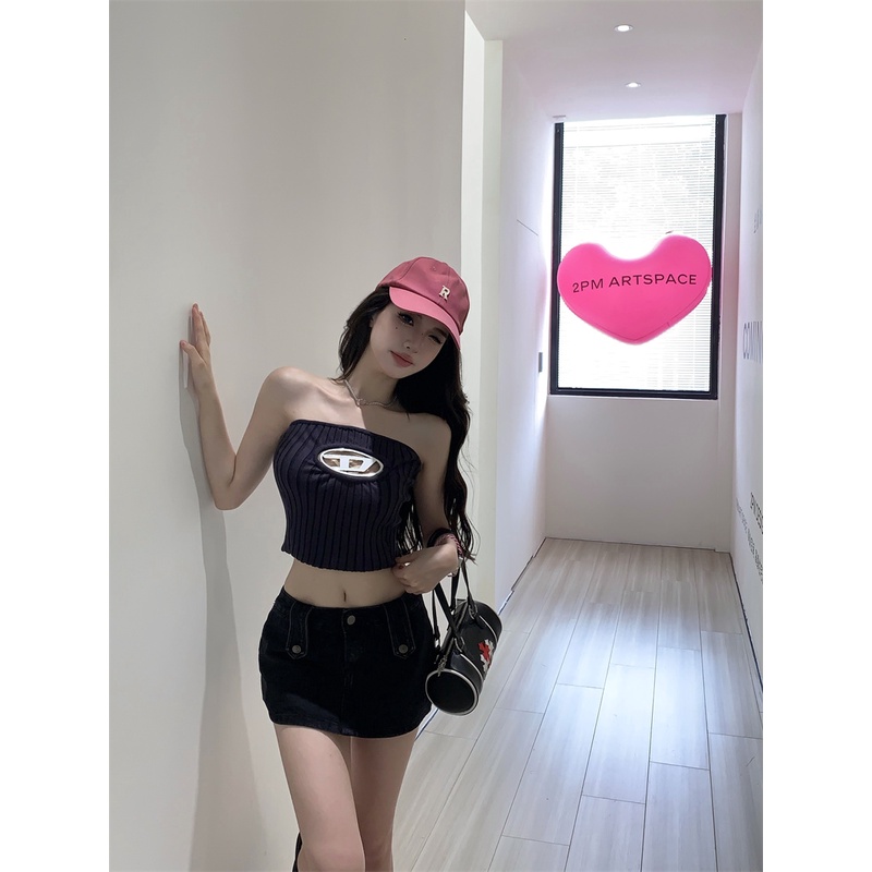 Cocory vn Áo Tank top Dệt Kim Mỏng Một Bên Vai Có logo Kim Loại Quyến Rũ Cho Nữ