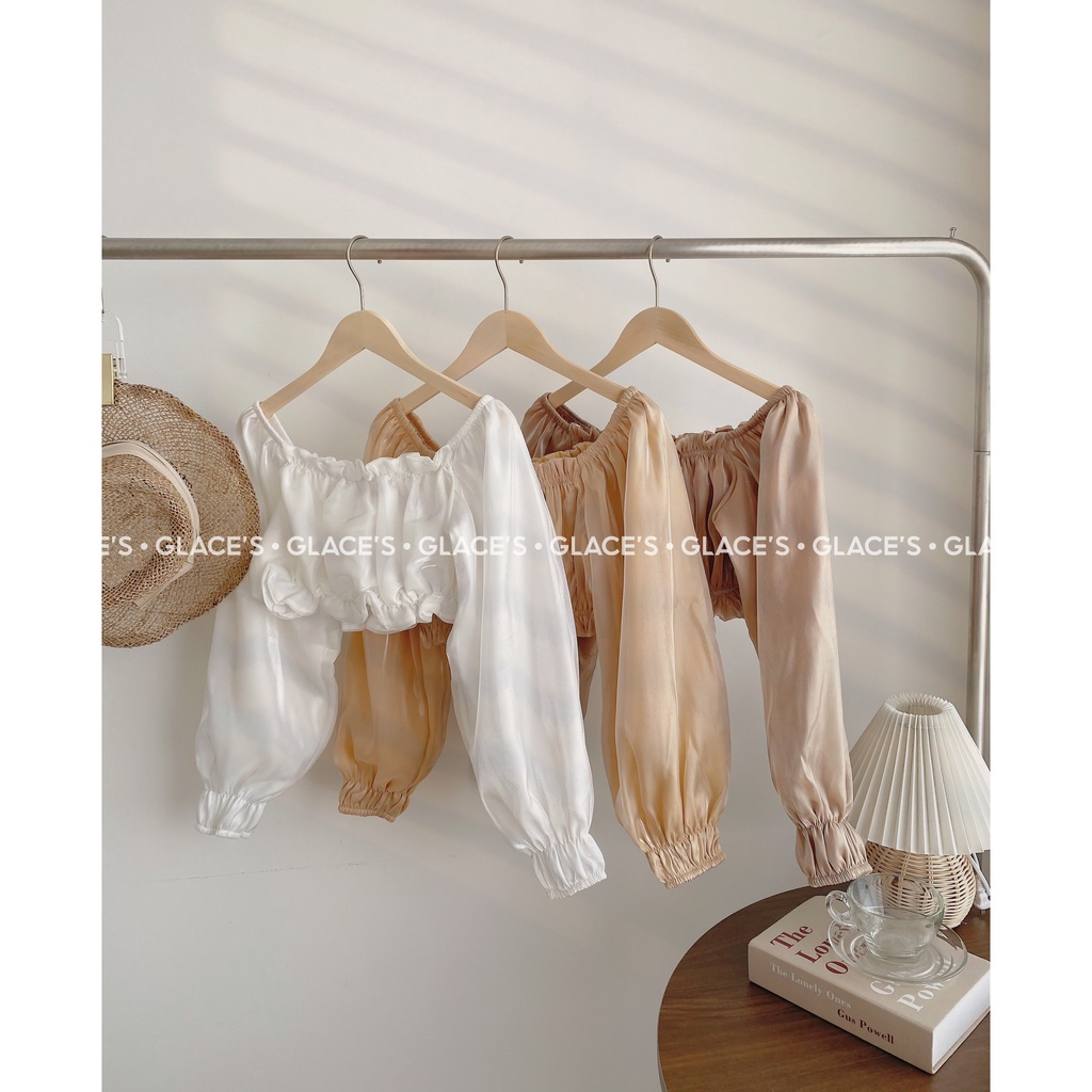 Áo Croptop trễ vai thiết kế dài tay, bo chun mềm chất liệu vải voan tơ Organza, áo Croptop kiểu tay phồng cổ vuông