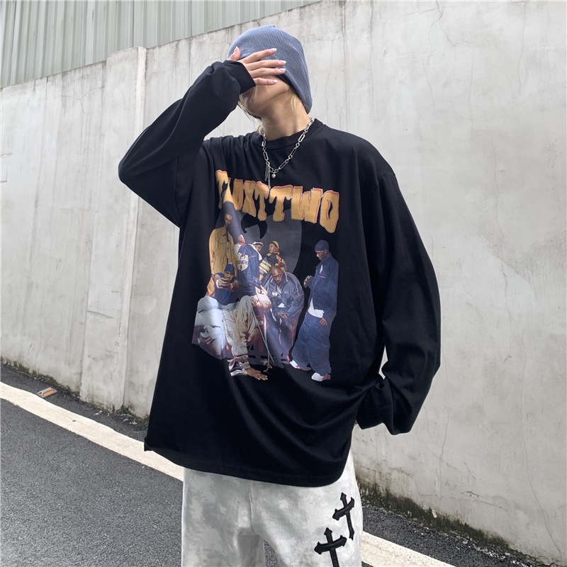 Áo Thun Tay Dài Cổ Tròn Dáng Rộng In Hình Chân Dung Phong Cách Retro Mỹ Thời Trang Mùa Thu Cho Nam Size M-3Xl