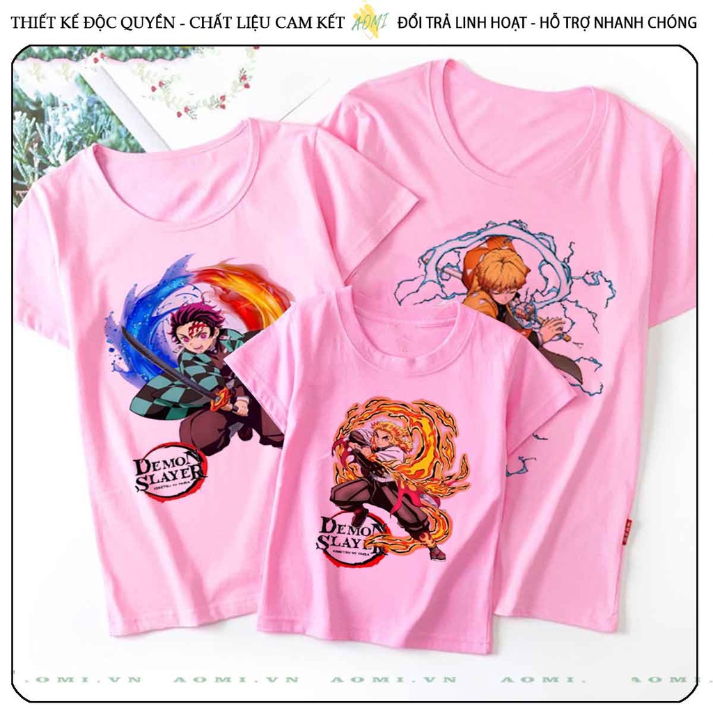 ÁO THUN Demon Slayer Kimetsu No Yaiba UNISEX PHÔNG HỒNG TAY NGẮN NAM NỮ GIA ĐÌNH CẶP ĐÔI SIZE TRẺ EM BÉ TRAI GÁI AOMIVN