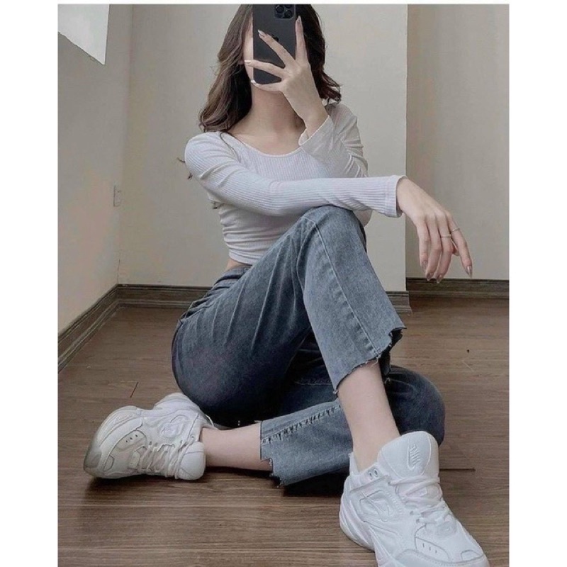 Quần Jeans Nữ Ống Đứng - Quần bò Nữ Ống Đứng Cạp Cao Co Dãn 4 Chiều Cắt Gấu Cực Đẹp