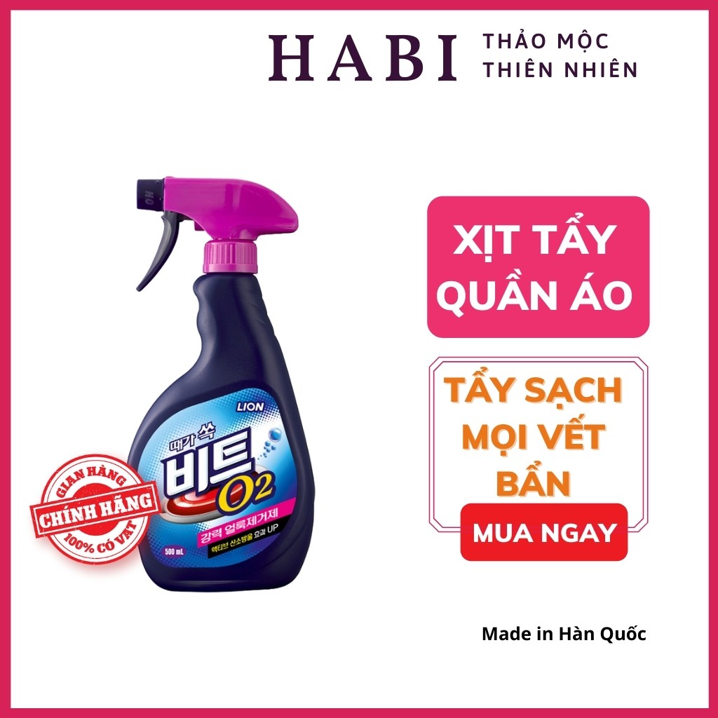 Xịt giặt tẩy quần áo 2 trong 1 Lion Beat O2 Hàn Quốc, xịt giặt các vết bẩn cứng đầu hiệu quả, tiết kiệm chai 500ml