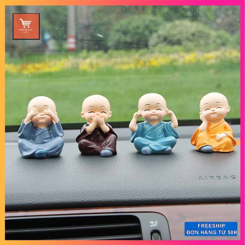 Bộ Tượng Chú Tiểu Hòa Thượng Tứ Không - Phật Phong Thủy Mini 4 Tư Thế, Trang Trí Xe Hơi, Để Bàn Làm Việc