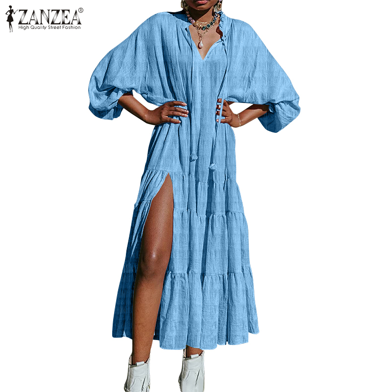 Đầm Maxi ZANZEA Cổ Chữ V Tay Phồng Xẻ Tà