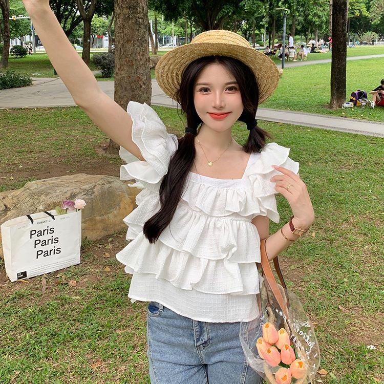 Jiashucheng Áo Sơ Mi Ngắn Cổ Vuông Tay Bèo Ngọt Ngào Đơn Giản Thời Trang Mùa Hè 2023 Phong Cách Mới