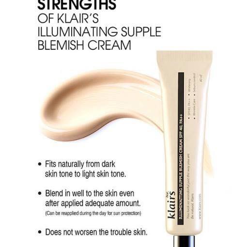 Kem nền trang điểm dành cho da mụn, da nhạy cảm Klairs Illuminating Supple Blemish Cream SPF40/PA++ 40ml