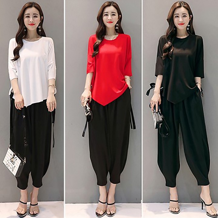 BD935 - 3 màu - có 2XL Set bộ áo kiểu tay cánh dơi vạt xéo quần baggy thun cách điệu có size lớn - hàng việt nam