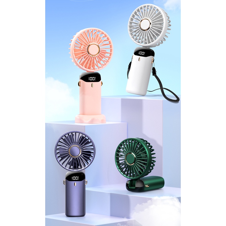 Quạt Mini Cầm Tay Tích Điện Cao Cấp Không Gây Ồn Với 5 Tốc Độ Gió, Dung Lượng Pin Cao, Màn Hình Led Hiển Thị Mức Pin