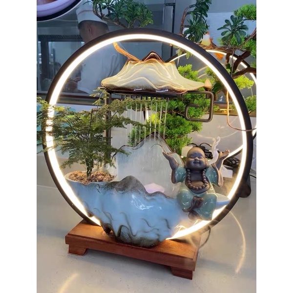 Thác nước hương trầm Phật Di Lặc, Hạc, Hươu xanh đem lại tài lộc may mắn 42*40*12cm