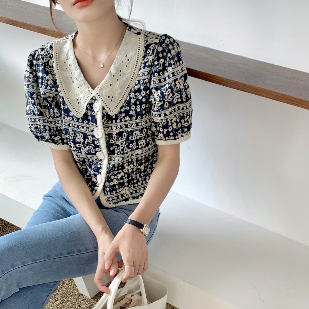 Áo Kiểu Nữ Tay Ngắn Cổ Búp Bê Họa Tiết Hoa Phong Cách Retro Hàn Quốc Xinh Xắn 43350 | BigBuy360 - bigbuy360.vn