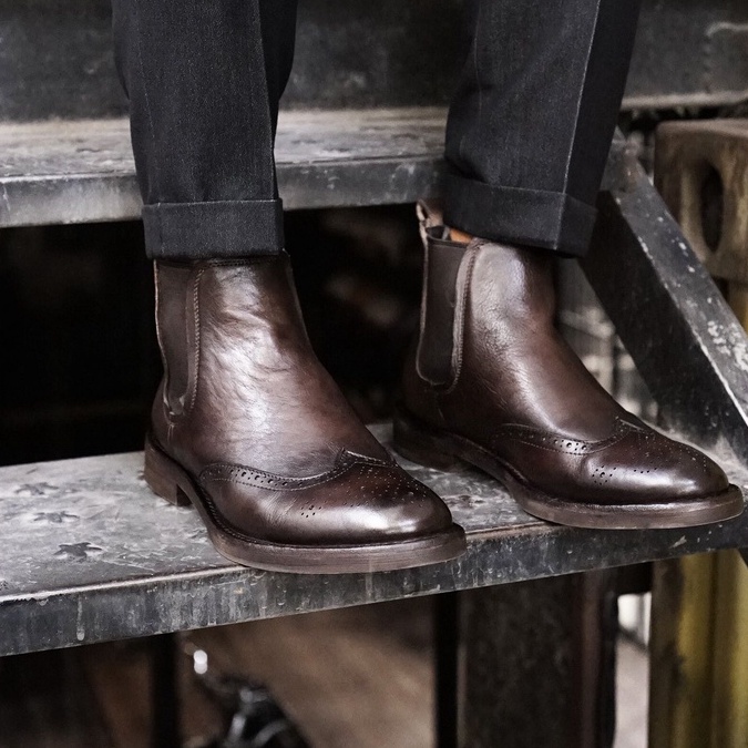 Giày boot nam cao cổ màu nâu CHELSEA WINGTIP, giày công sở da thật TONKIN