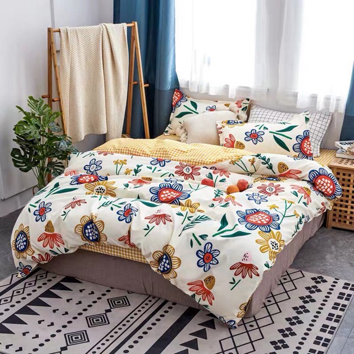 Bộ chăn ga gối drap giường chất cotton poly họa tiết đóa hoa rực rỡ