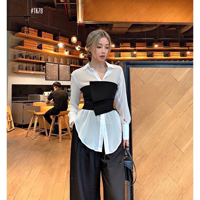 áo sơmi nữ voan mỏng kết hợp áo ống đen nhún/freesize