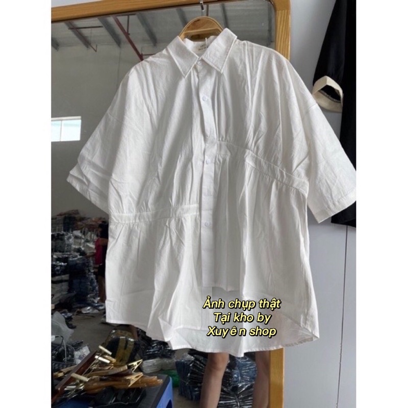 Áo sơ mi cộc tay vạt lệch nhún cách điệu ( Ảnh thật ) | BigBuy360 - bigbuy360.vn