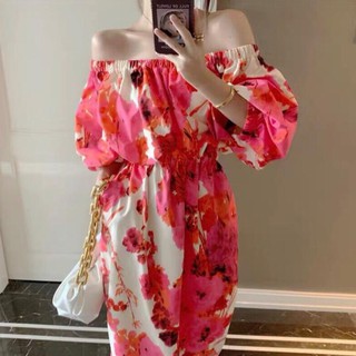 Váy xòe nữ, đầm hoa tươi trễ vai tay con xinh xắn trẻ trung.