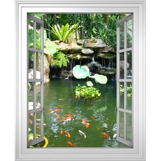 Tranh dán tường cửa sổ 3D khổ dọc cảnh hồ cá VTC VT0025-D kim sa