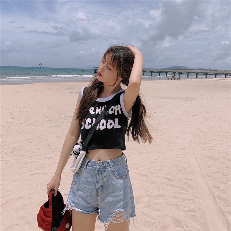 [HÀNG CHUẨN SHOP] Áo croptop cổ vuông,kết hợp phong cách áo ba lỗ, kiểu dáng HÀN, in chữ 3D, hàng may kỹ