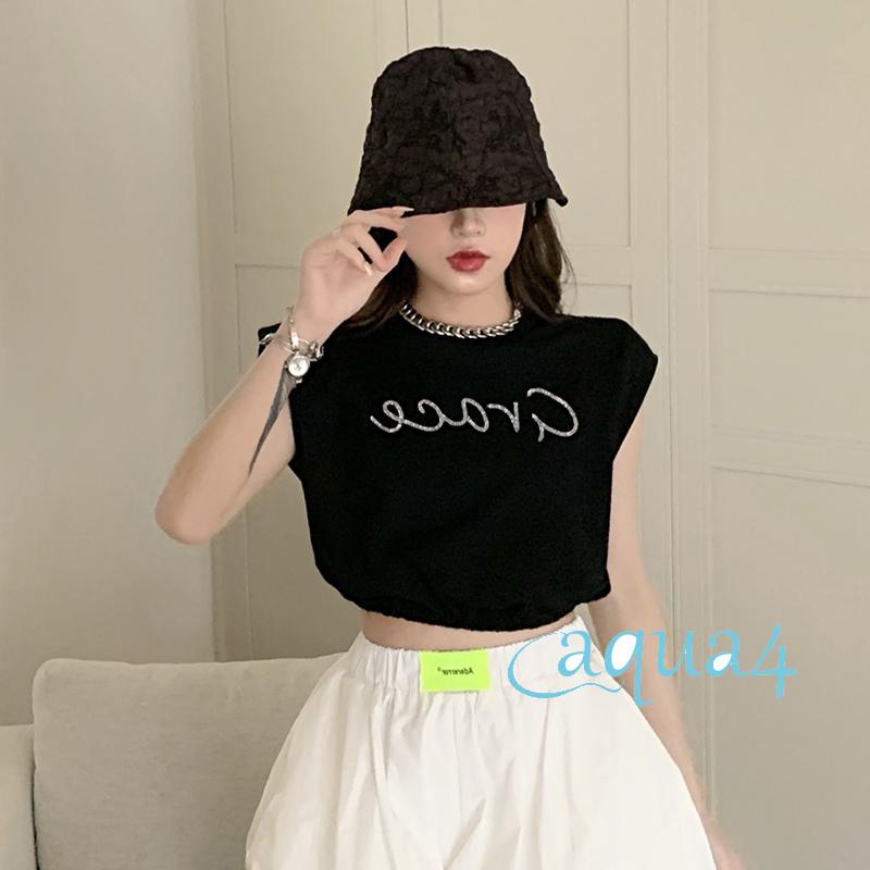 Anana-áo Croptop Sát Nách Cổ Tròn Đính Đá In Chữ Cho Nữ