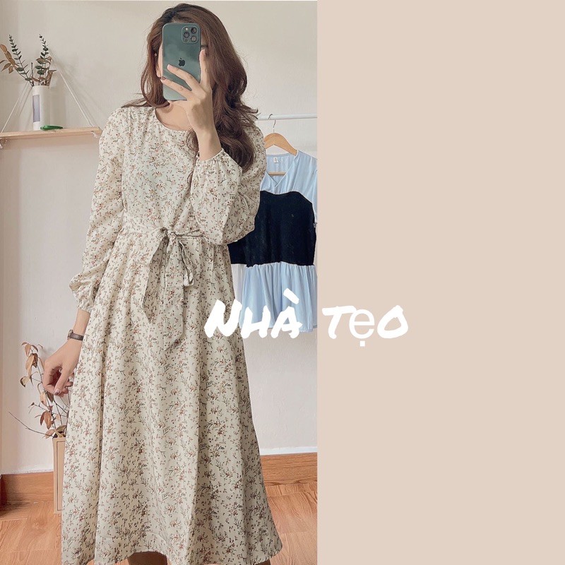 [Hàng sẵn] VÁY HOA NHÍ DÀI TAY CÓ DÂY THẮT EO HOẠ TIẾT HOA CỎ