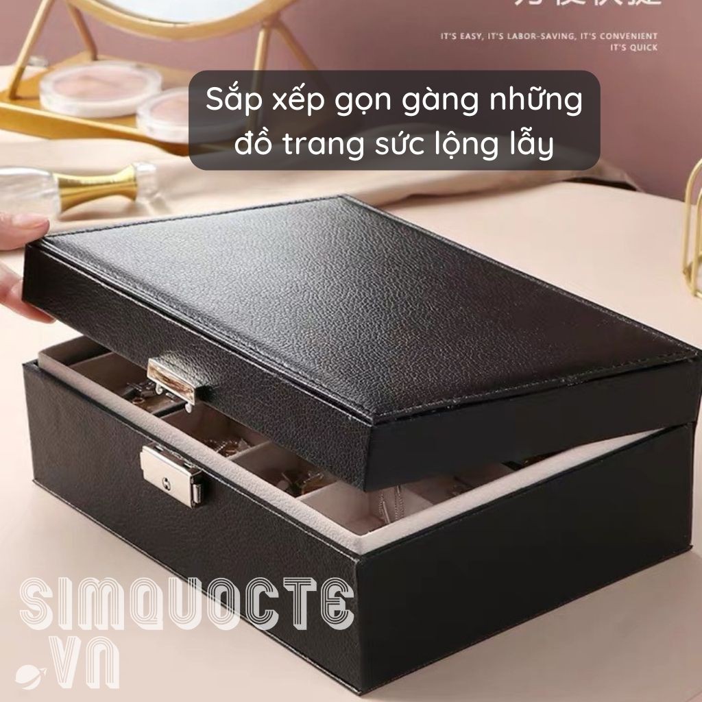 Hộp đựng trang sức hai tầng bọc da có khoá