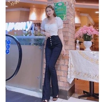 Quần jeans ống loe trắng đen. quần jeans ống loe lưng cao vải mềm dày dặn