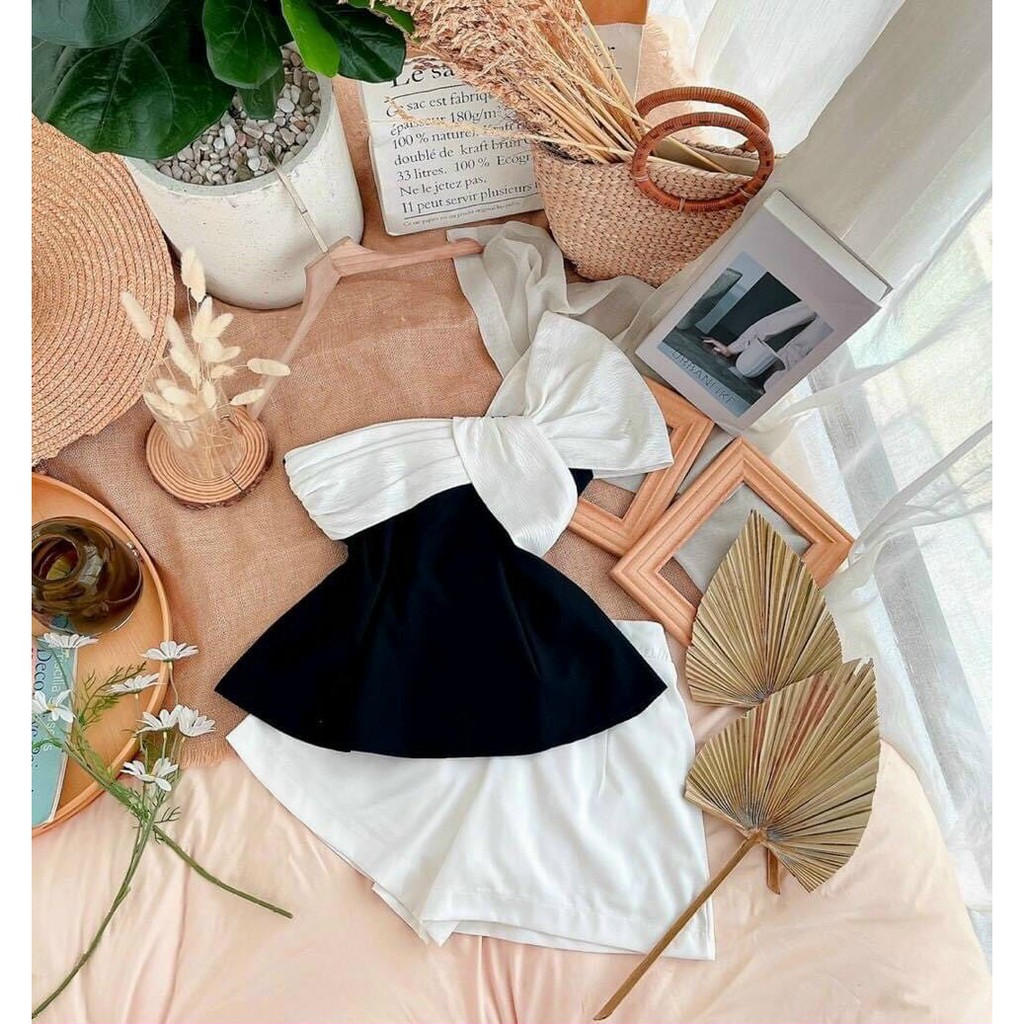 Set Áo Kiểu Lệch Vai Phối Màu Và Quần Ngắn Thời Trang Nữ Rose Fashion