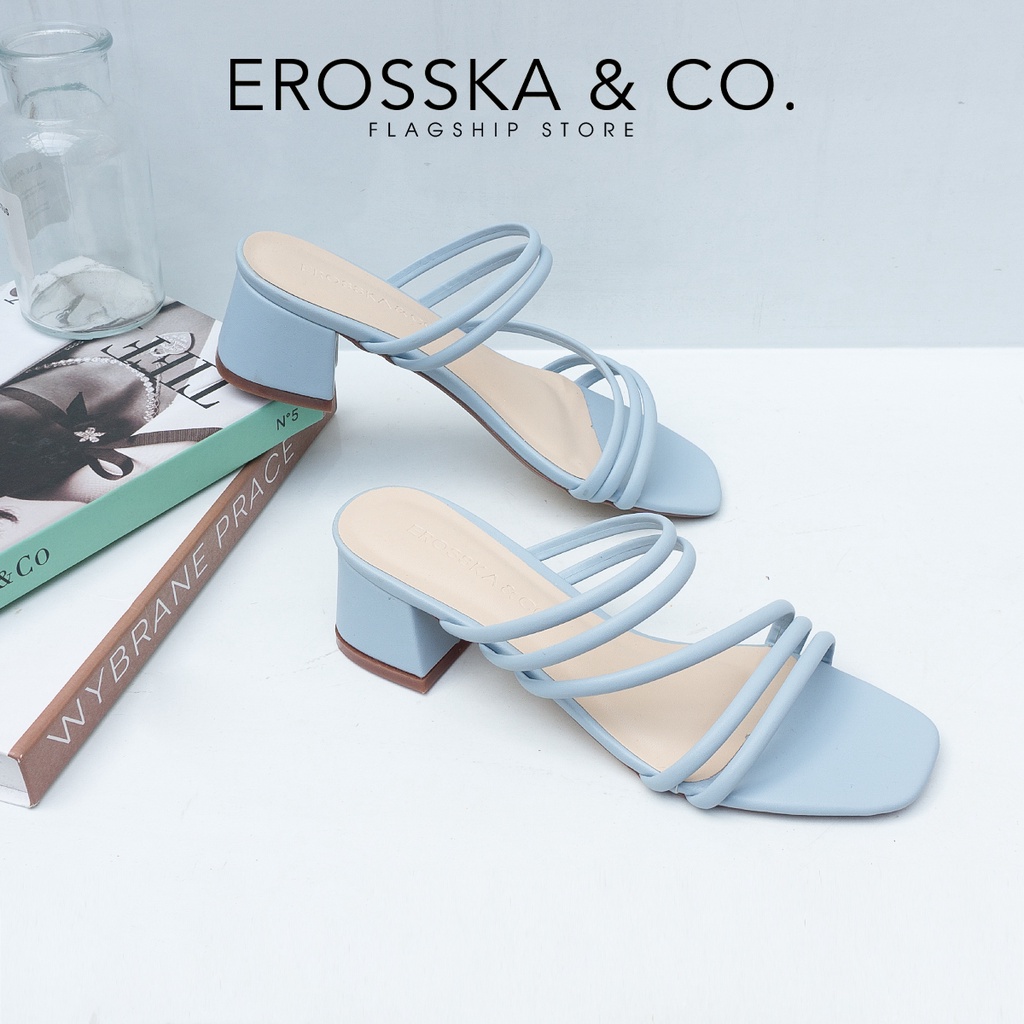 Erosska - Dép cao gót nữ mũi vuông phối dây quai phong cách Hàn Quốc cao 4cm màu xanh - EM086