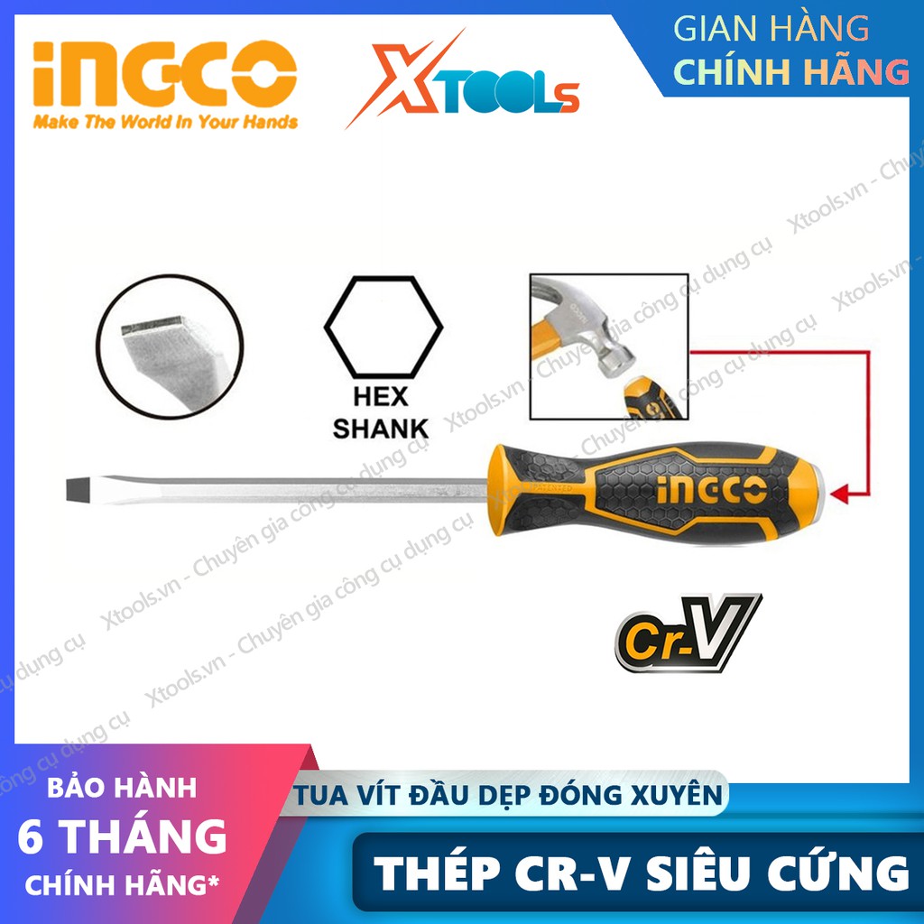 Tua vít dẹp đóng xuyên đầu hít nam châm vĩnh cữu INGCO 2 chiều đủ kích cỡ thép Cr-V siêu cứng chống rỉ va đập cong vênh