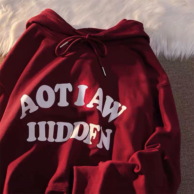 Áo nỉ có mũ , áo hoodie màu đỏ đô hottrend họa tiết chữ trước ngực