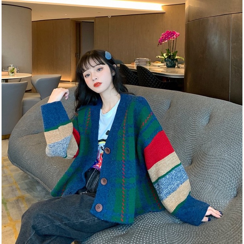 áo len cardigan tay dài cổ V sọc cổ điển dệt kim (ảnh thật+clip)