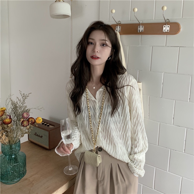 QADCOL Áo kiểu tay dài cổ tròn dáng rộng phong cách thời trang Hàn Quốc cho nữ