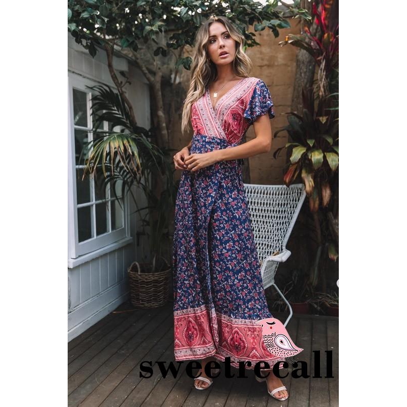 Đầm xẻ tà ngắn tay phối hoa văn Vintage cho nữ | BigBuy360 - bigbuy360.vn