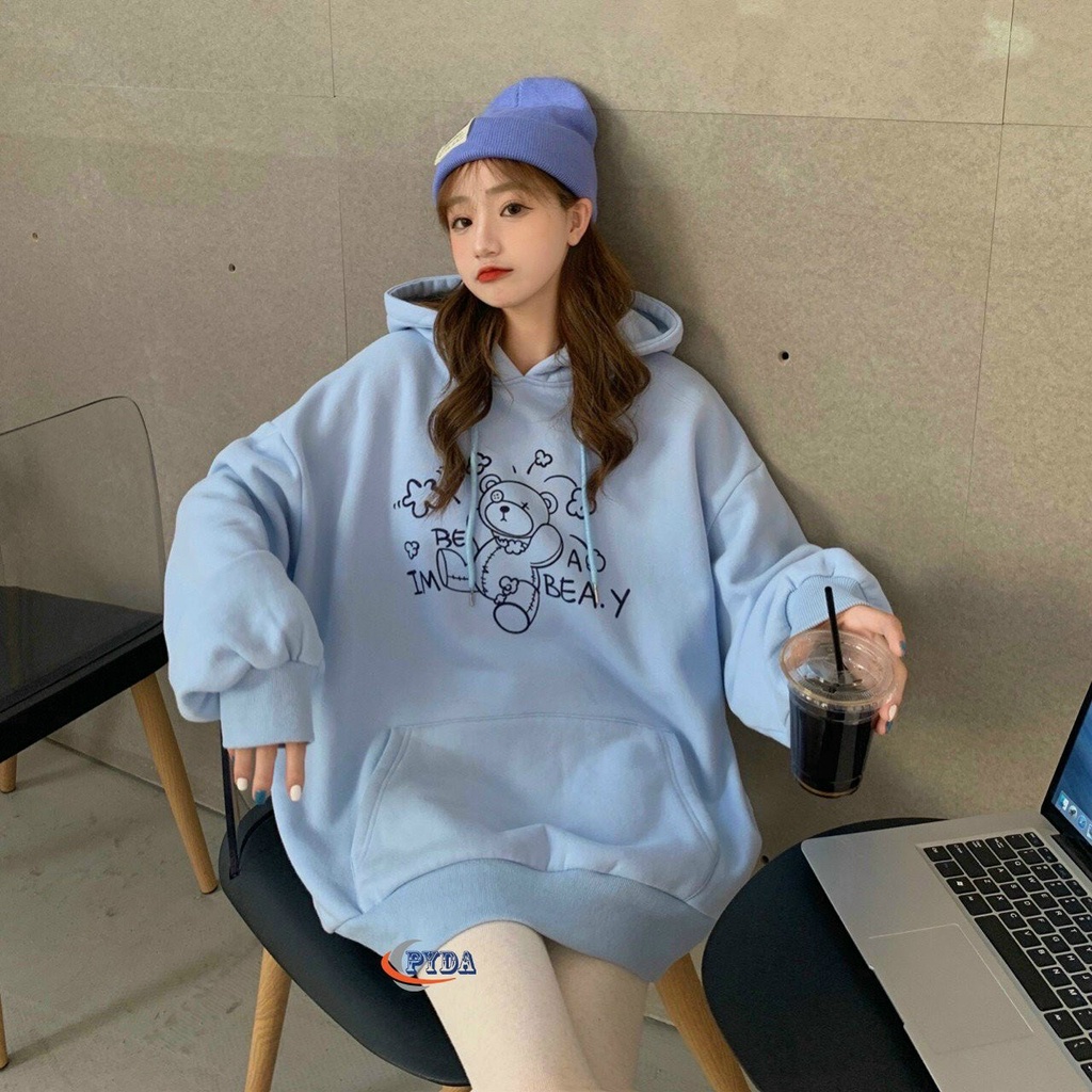 Áo Khoác Hoodie Nỉ Có Mũ họa tiết gấu Form Rộng Nhiều Màu Unisex Nam Nữ Ulzzang